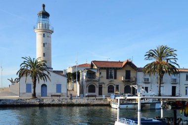 Le Grau du Roi. Lighthouse and waterway. South of France. Europe. Tourism.