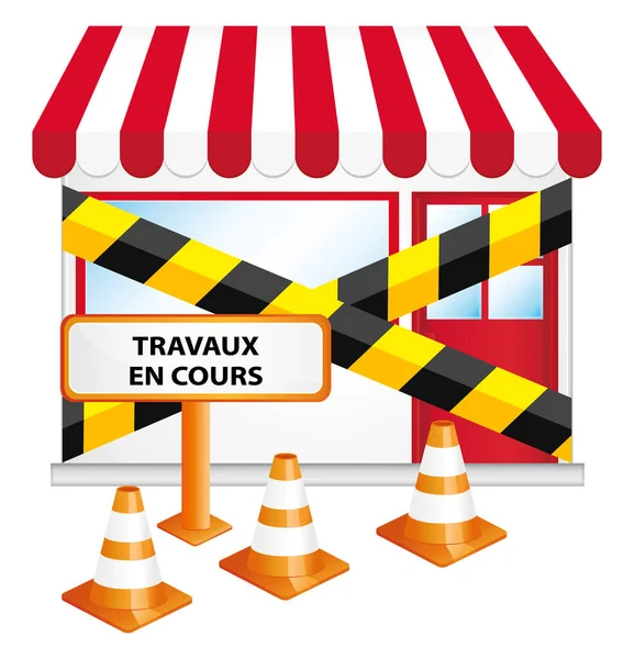 Negozio Costruzione Coni Cartello Stradale Illustrazione Lingua Francese — Vettoriale Stock