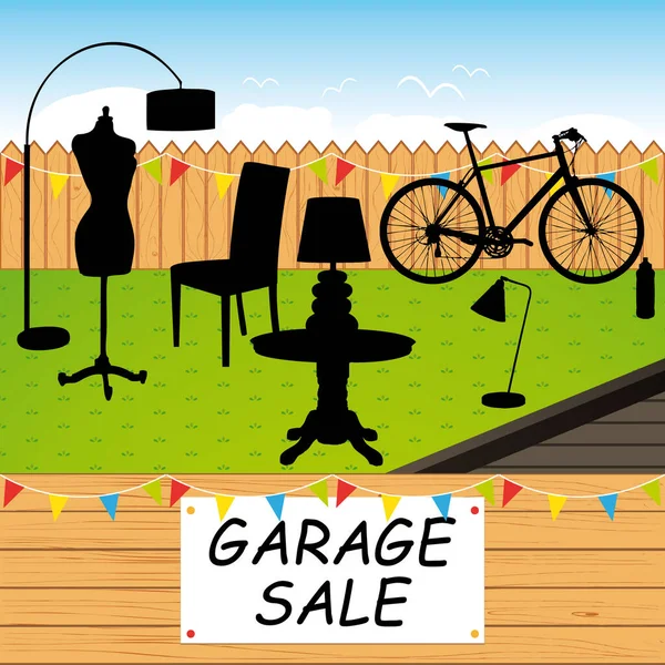 stock vector Garage sale. Colorful vector illustration in particular yard with objects for sale.