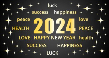 2024 Mutlu Yıllar. En iyi dileklerimle siyah ve altın tebrik kartı. Görüntü vektörü pankartı.