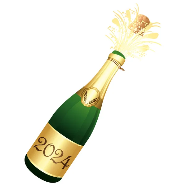 香槟瓶 香槟瓶 新年快乐2024 软木塞爆炸 节日的象征 矢量图标 — 图库矢量图片