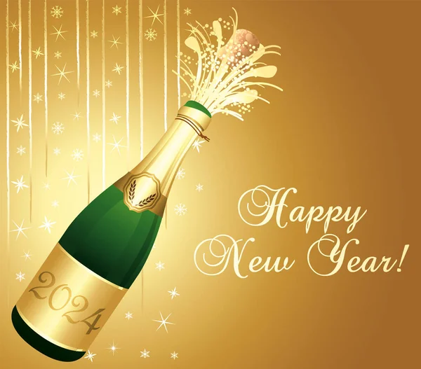 Gold Glückliches Neues Jahr 2024 Grußkarte Champagnerflasche Mit Korkenexplosion Feierlicher — Stockvektor