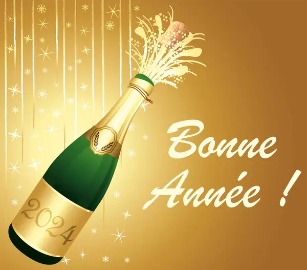 Gold Glückliches Neues Jahr 2024 Grußkarte Französisch Champagnerflasche Mit Korkenexplosion — Stockvektor