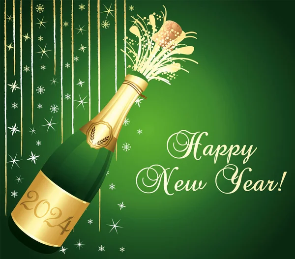 Grün Und Gold Glückliches Neues Jahr 2024 Grußkarte Champagnerflasche Mit — Stockvektor