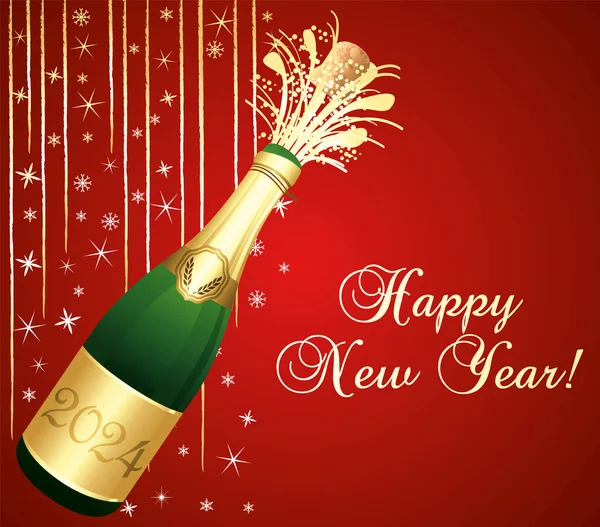 Rot Und Gold Glückliches Neues Jahr 2024 Grußkarte Champagnerflasche Mit — Stockvektor