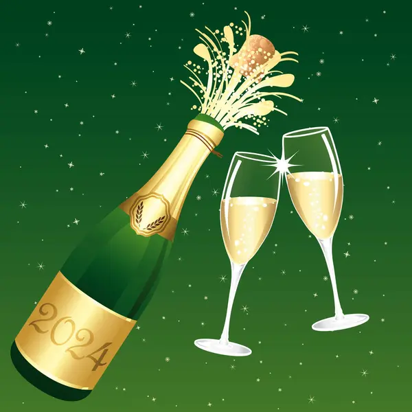 Champagner Toast Vorhanden Grün Gold Frohes Neues Jahr 2024 Oder — Stockvektor