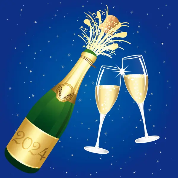 Champagner Toast Vorhanden Blau Gold Frohes Neues Jahr 2024 Oder — Stockvektor