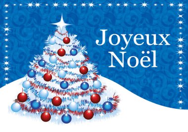 Mutlu noeller. Fransızca konuş. Tebrik kartı. Beyaz Noel ağacı, kırmızı ve mavi süslemeleri olan şenlikli bir arka plan. Vektör çizimi. Biçim A4.