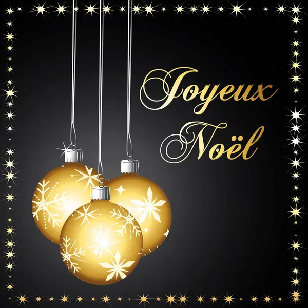 Frohe Weihnachten Französisch Goldene Und Schwarze Grußkarte Ornamente Mit Schneeflocken — Stockvektor