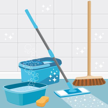 Ev temizleme servisi. Vektör simgesi. Süpürge, kova, paspas, leğen ve sünger. El çizimi illüstrasyon.