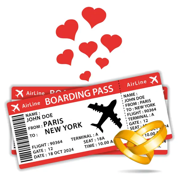 Honeymoon 漂亮的登机牌上有结婚戒指和红心 手绘矢量图标说明 图库插图