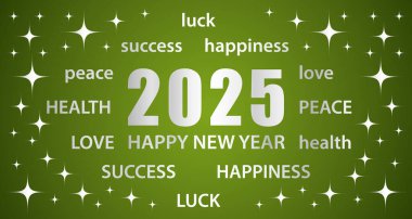 2025 mutlu yıllar. Yeşil ve gümüş renkli tebrik kartı, iyi dileklerimle. El çizimi vektör illüstrasyon pankartı.