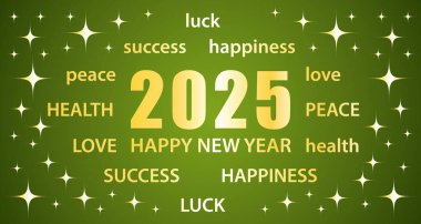 2025 mutlu yıllar. Yeşil ve altın renkli tebrik kartı, en iyi dileklerimle. El çizimi vektör illüstrasyon pankartı.