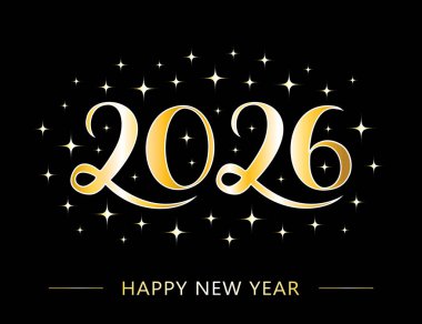 2026 Golden and black Happy New Year Greeting card. Vector hand drawn illustration.