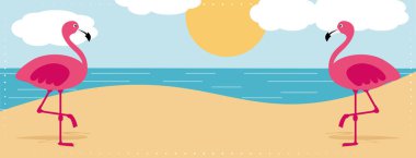 Plajda flamingoları olan renkli bir yaz tatili afişi. El çizimi vektör illüstrasyonu. 