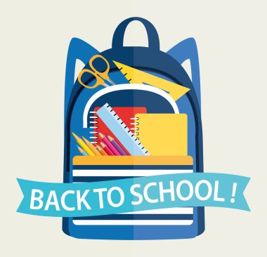 Okula dönün! Okul malzemeleriyle dolu okul çantası. Vektör el çizimi illüstrasyon. Hafif arkaplan. 