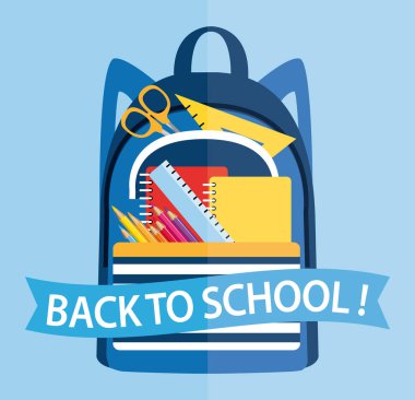 Okula dönün! Okul malzemeleriyle dolu okul çantası. Vektör el çizimi resimleme.