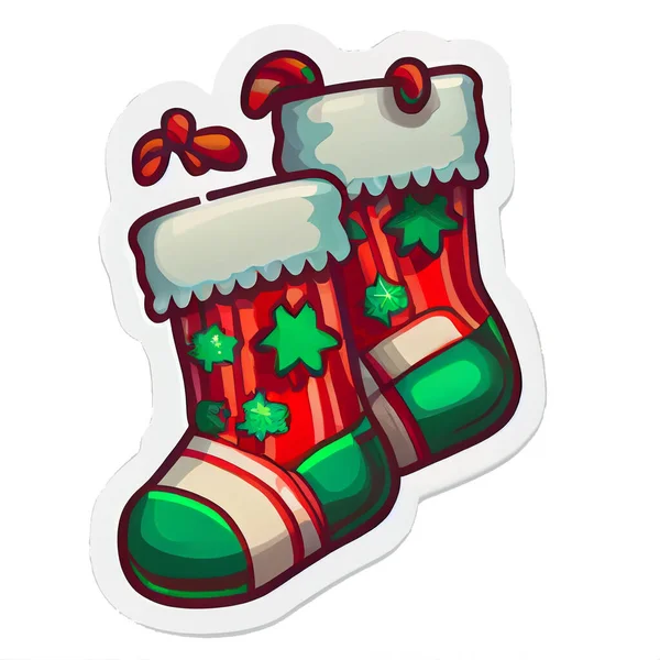 Sokken Sticker Kerst Winter Illustratie Witte Achtergrond — Stockfoto