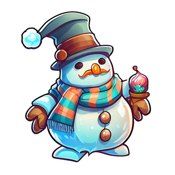 Sneeuwman Sticker Kerst Winter Illustratie Witte Achtergrond — Stockfoto