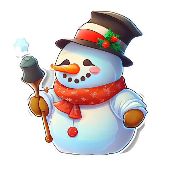 Sneeuwman Sticker Kerst Winter Illustratie Witte Achtergrond Rechtenvrije Stockfoto's