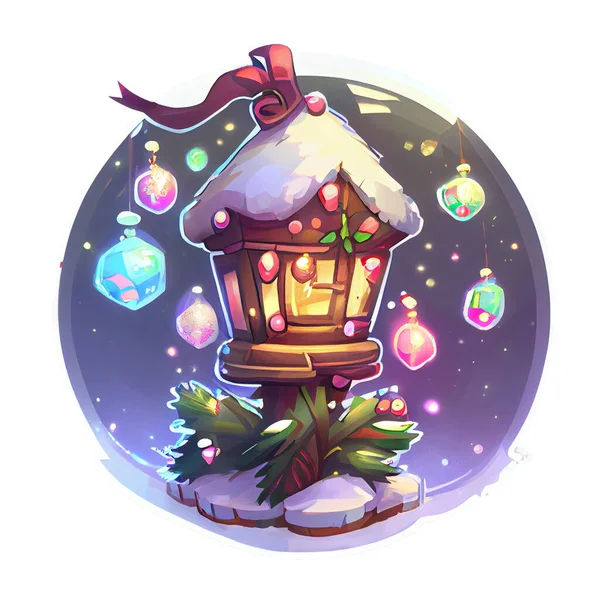 Útulný Dům Nálepka Vánoční Zimní Ilustrace Bílém Pozadí — Stock fotografie