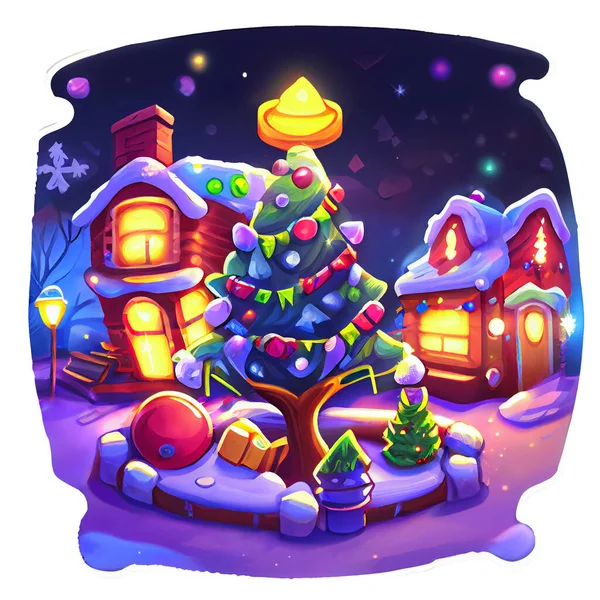 Gezellig Huis Sticker Kerst Winter Illustratie Witte Achtergrond — Stockfoto