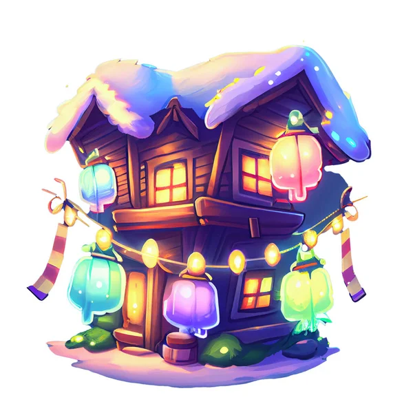 Cozy House Sticker Christmas Winter Illustration White Background — Stock Photo, Image