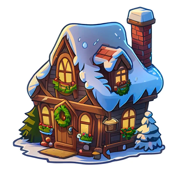 Aconchegante Casa Etiqueta Natal Inverno Ilustração Fundo Branco — Fotografia de Stock