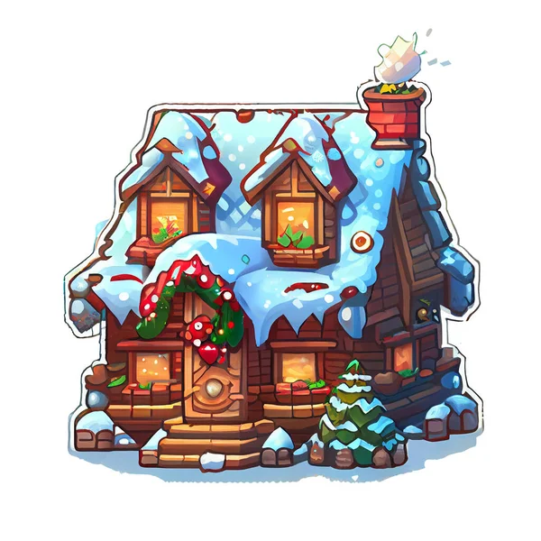 Aconchegante Casa Etiqueta Natal Inverno Ilustração Fundo Branco — Fotografia de Stock