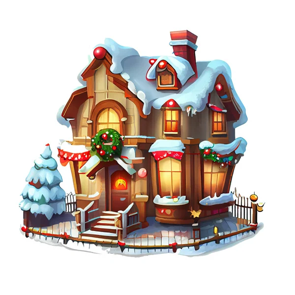 Accogliente Casa Adesivo Natale Inverno Illustrazione Sfondo Bianco — Foto Stock