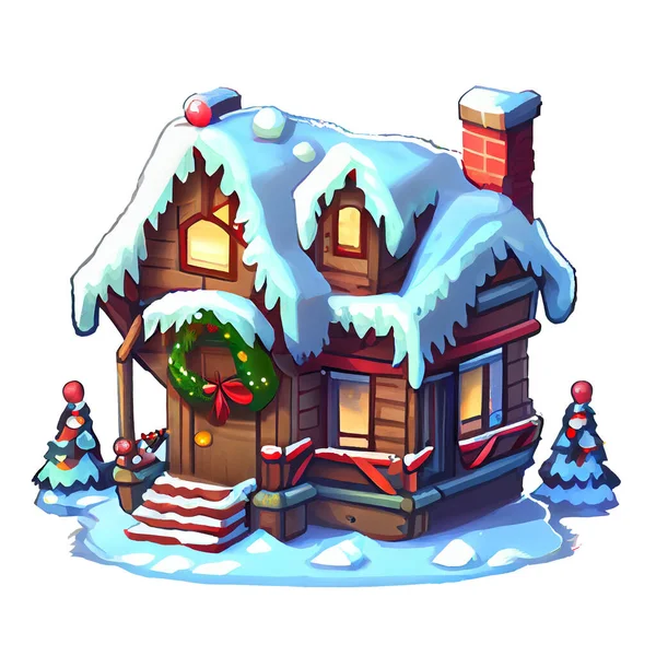 Gezellig Huis Sticker Kerst Winter Illustratie Witte Achtergrond — Stockfoto
