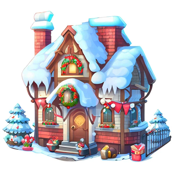 Acogedora Casa Etiqueta Engomada Navidad Invierno Ilustración Sobre Fondo Blanco —  Fotos de Stock