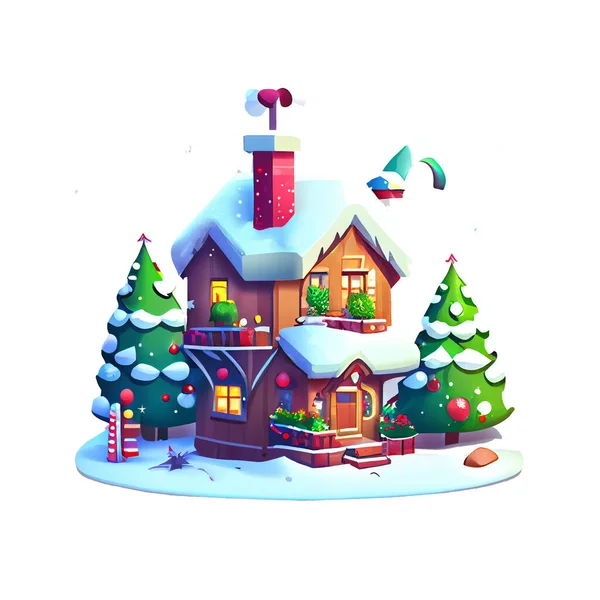 Acogedora Casa Etiqueta Engomada Navidad Invierno Ilustración Sobre Fondo Blanco — Foto de Stock