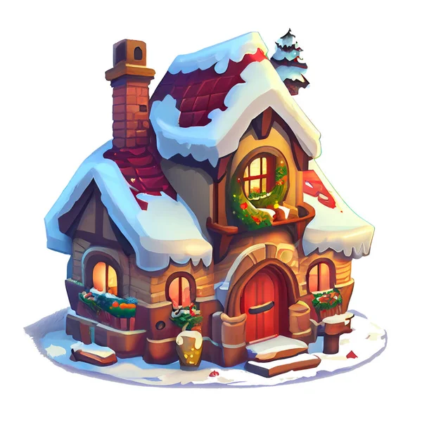 Accogliente Casa Adesivo Natale Inverno Illustrazione Sfondo Bianco — Foto Stock