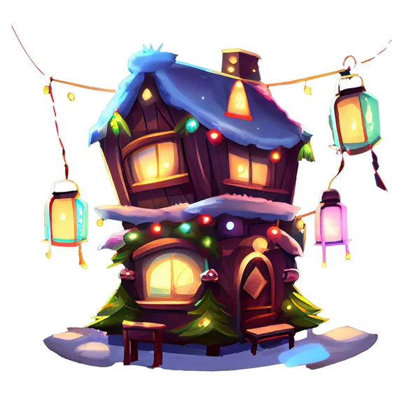 Útulný Dům Nálepka Vánoční Zimní Ilustrace Bílém Pozadí Stock Obrázky