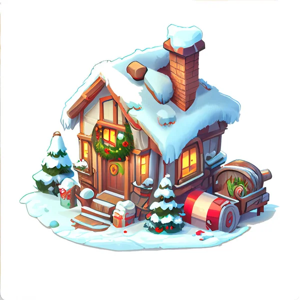 Cozy House Sticker Χριστούγεννα Χειμώνα Εικονογράφηση Λευκό Φόντο Royalty Free Φωτογραφίες Αρχείου