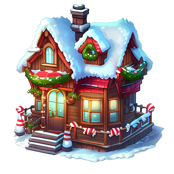 Hangulatos Ház Matrica Karácsonyi Téli Illusztráció Fehér Háttér Jogdíjmentes Stock Képek