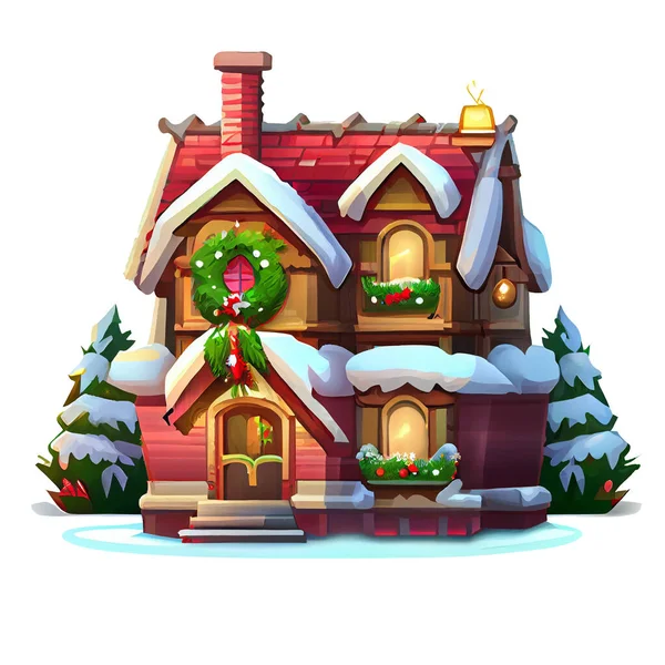 Gezellig Huis Sticker Kerst Winter Illustratie Witte Achtergrond Stockfoto