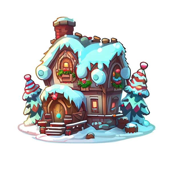 Útulný Dům Nálepka Vánoční Zimní Ilustrace Bílém Pozadí Stock Snímky