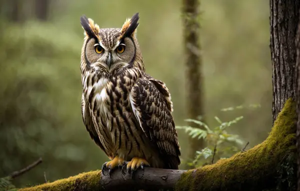 A forest owl on a branch in a forest area. The Predator is watching. Wild birds in their natural environment.