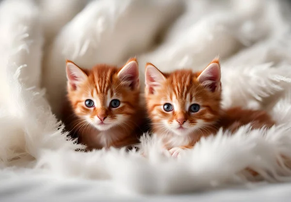 Twee Schattige Kittens Pluizige Witte Handdoeken Grappige Onweerstaanbare Huisdieren Stockafbeelding