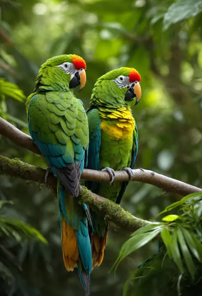 在热带雨林里 树枝上有一对被绿叶环绕的鹦鹉 图库照片
