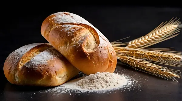 Dva Celé Rustikální Čerstvě Upečený Pšeničný Chléb Zlatýma Pšeničnýma Ušima Stock Snímky