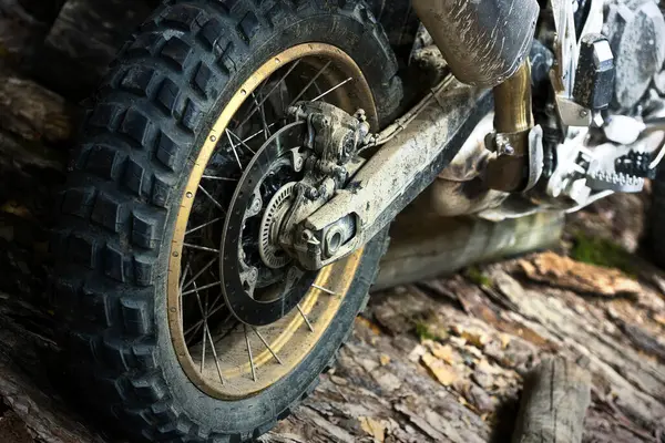 Rear Wheel Road Motorcycle Covered Mud Dust Stock Photo