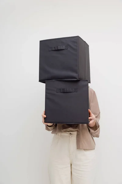 Woman Holding Boxes Closet Organization Moving House Faceless — Stock Photo, Image