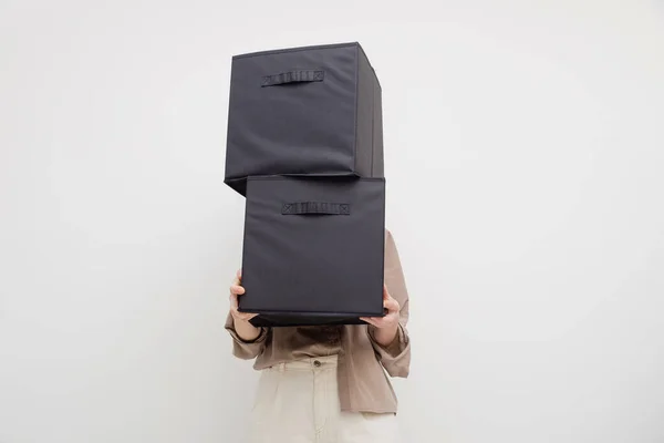 Woman Holding Boxes Closet Organization Moving House Faceless — Stock Photo, Image
