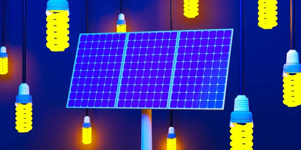 Led灯挂在太阳能电池板旁边 替代生态电 3D渲染 — 图库照片