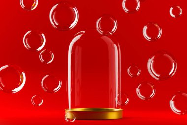 Kırmızı arka plandaki ürün için sabun köpükleri arasında cam kubbe şablonu. 3d oluşturma