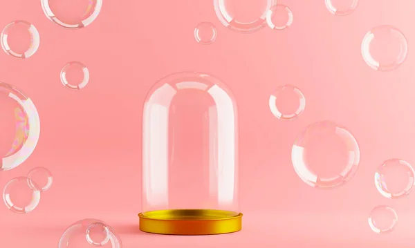Szklana Kopuła Szablon Wśród Baniek Mydlanych Dla Produktu Różowy Renderowanie — Zdjęcie stockowe