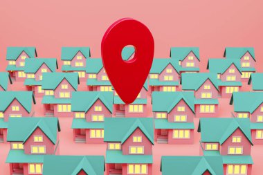 House models with location point. Real estate market concept. 3d rendering